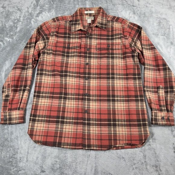 LL Bean Shirt Mens Large Orange Plaid Chamois Cloth Flannel Button Up Shacket - Picture 1 of 7